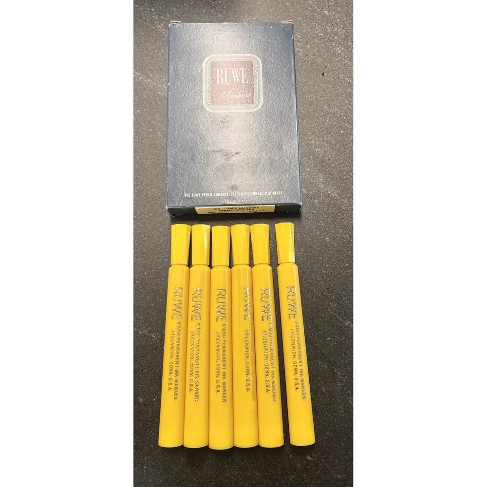Vtg NOS Boxed RUWE Felt Markers No. 1050 Yellow Set of‎ 6 Permanent Ink Made USA